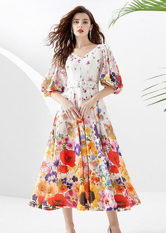 French White V Neck Print Sashes Patchwork Chiffon Dresses Lantern Sleeve