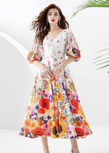 Load image into Gallery viewer, French White V Neck Print Sashes Patchwork Chiffon Dresses Lantern Sleeve