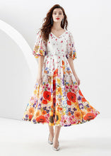 Load image into Gallery viewer, French White V Neck Print Sashes Patchwork Chiffon Dresses Lantern Sleeve