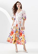 Load image into Gallery viewer, French White V Neck Print Sashes Patchwork Chiffon Dresses Lantern Sleeve