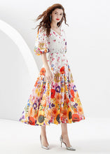 Load image into Gallery viewer, French White V Neck Print Sashes Patchwork Chiffon Dresses Lantern Sleeve