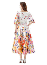 Load image into Gallery viewer, French White V Neck Print Sashes Patchwork Chiffon Dresses Lantern Sleeve