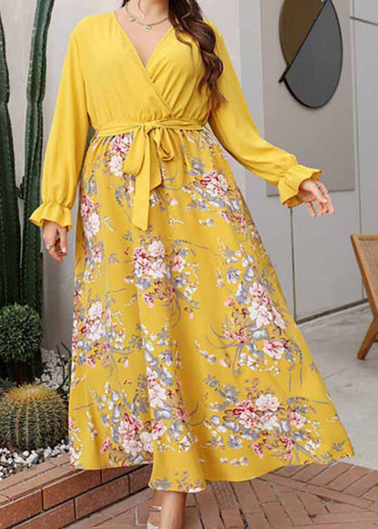 French Yellow Patchwork Tie Waist Chiffon Long Dresses Long Sleeve
