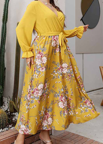 French Yellow Patchwork Tie Waist Chiffon Long Dresses Long Sleeve