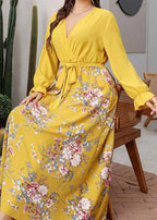 French Yellow Patchwork Tie Waist Chiffon Long Dresses Long Sleeve