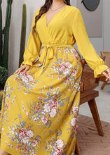 Load image into Gallery viewer, French Yellow Patchwork Tie Waist Chiffon Long Dresses Long Sleeve