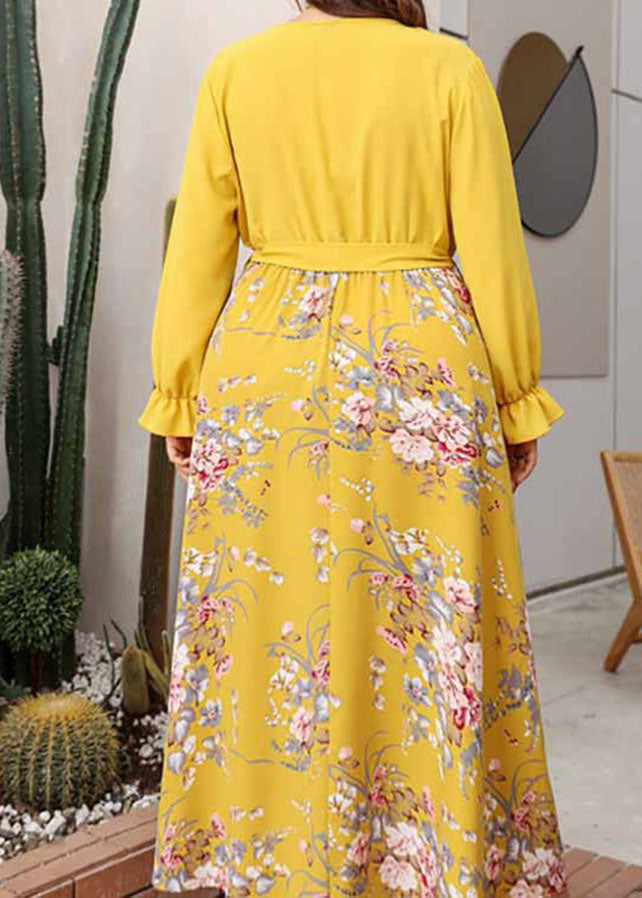 French Yellow Patchwork Tie Waist Chiffon Long Dresses Long Sleeve