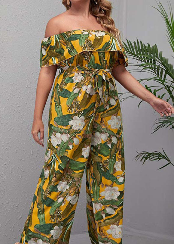 French Yellow Slash Neck Print straight Jumpsuit Short Sleeve