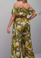 French Yellow Slash Neck Print straight Jumpsuit Short Sleeve