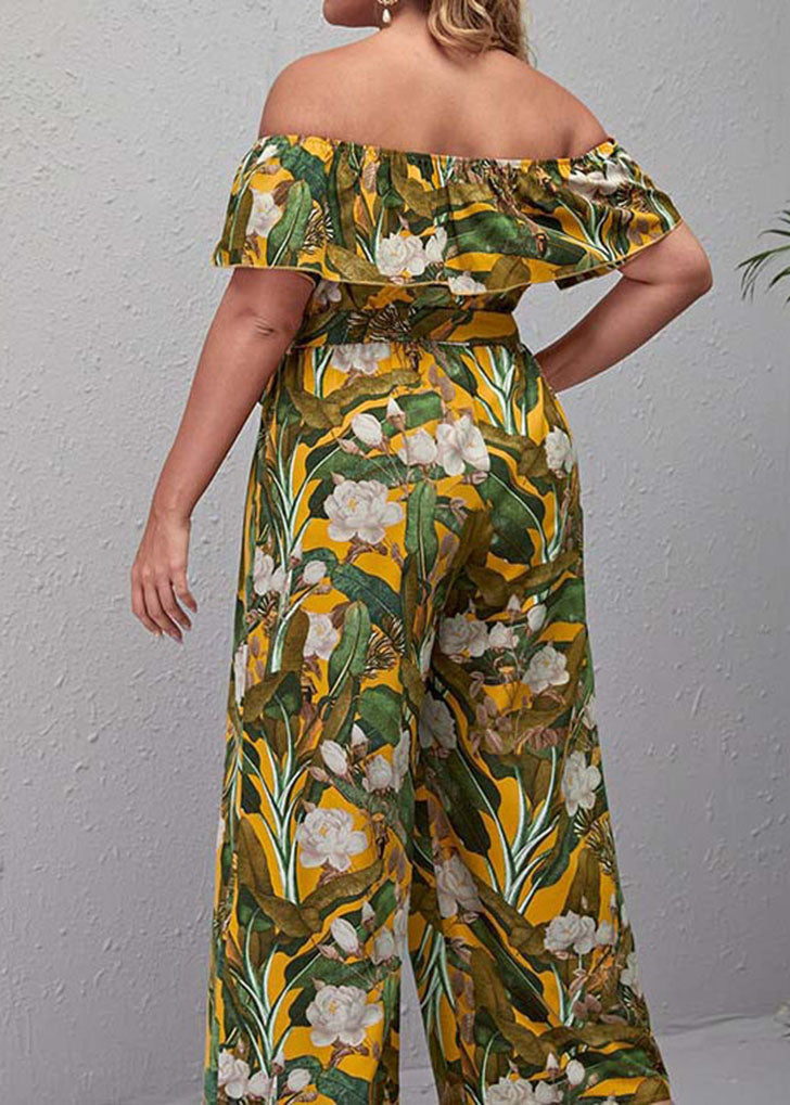 French Yellow Slash Neck Print straight Jumpsuit Short Sleeve