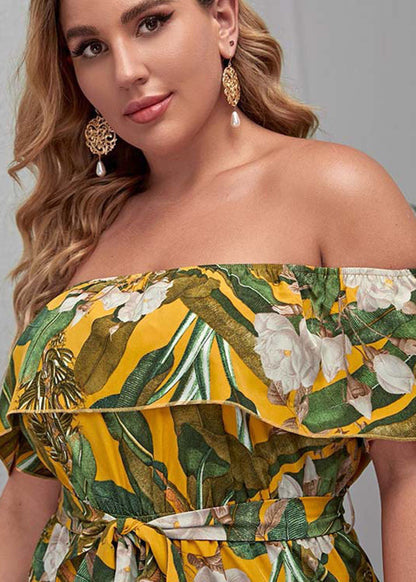 French Yellow Slash Neck Print straight Jumpsuit Short Sleeve