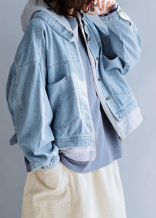 French denim blue Fashion coats women Work hooded fall short coat