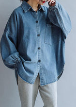Load image into Gallery viewer, French low high design cotton shirts women pattern denim blue blouse fall