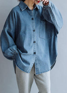 French low high design cotton shirts women pattern denim blue blouse fall