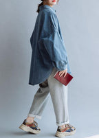 French low high design cotton shirts women pattern denim blue blouse fall