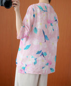 French o neck half sleeve summer Shirts pink print shirt