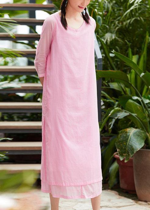 French o neck pockets cotton Tunics Runway pink A Line Dresses summer