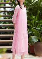 French o neck pockets cotton Tunics Runway pink A Line Dresses summer