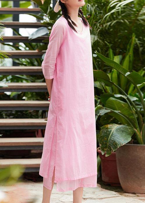 French o neck pockets cotton Tunics Runway pink A Line Dresses summer