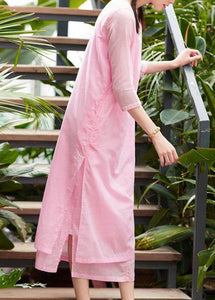 French o neck pockets cotton Tunics Runway pink A Line Dresses summer