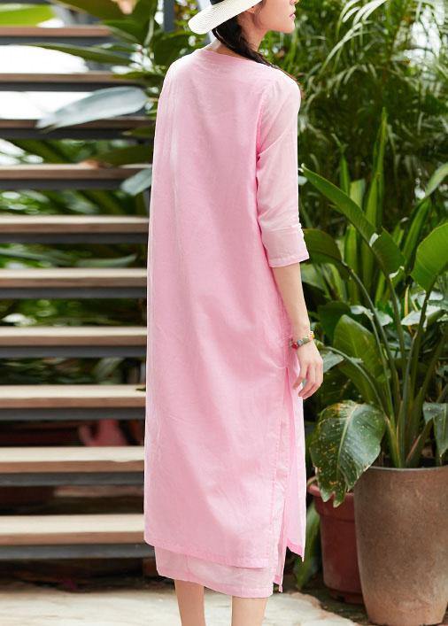 French o neck pockets cotton Tunics Runway pink A Line Dresses summer