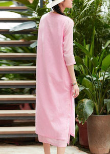 French o neck pockets cotton Tunics Runway pink A Line Dresses summer