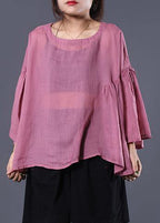 French pink linen tunic top ruffles sleeve daily summer tops