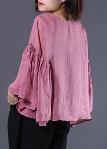 French pink linen tunic top ruffles sleeve daily summer tops