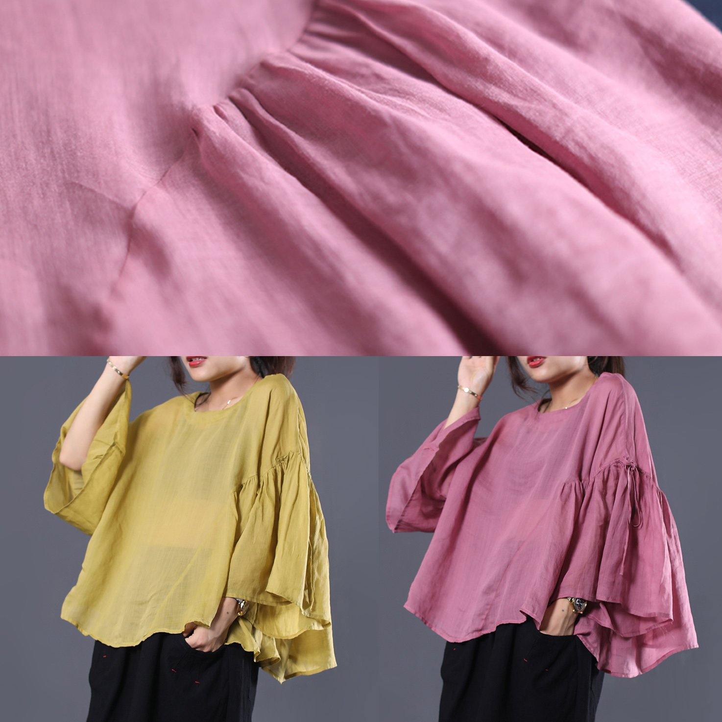 French pink linen tunic top ruffles sleeve daily summer tops