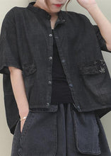 Load image into Gallery viewer, French stand colla pockets cotton Shirts Work denim black shirt