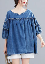 Load image into Gallery viewer, French v neck lantern sleeve cotton summer top Outfits denim blue shirts