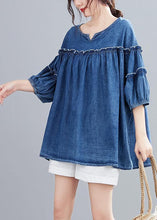 Load image into Gallery viewer, French v neck lantern sleeve cotton summer top Outfits denim blue shirts