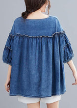 Load image into Gallery viewer, French v neck lantern sleeve cotton summer top Outfits denim blue shirts