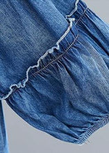 Load image into Gallery viewer, French v neck lantern sleeve cotton summer top Outfits denim blue shirts