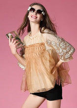 Load image into Gallery viewer, Golden Organza A Line Top Embroideried Wrinkled Half Sleeve