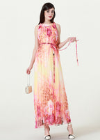 Gradient Color O-Neck Print Tie Waist Chiffon Maxi Beach Dresses Summer