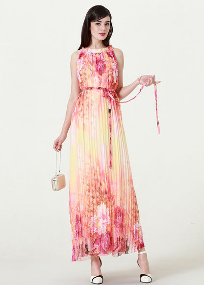 Gradient Color O-Neck Print Tie Waist Chiffon Maxi Beach Dresses Summer