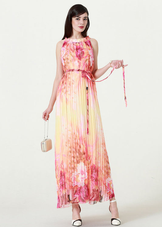Gradient Color O-Neck Print Tie Waist Chiffon Maxi Beach Dresses Summer
