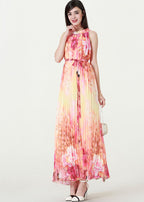 Gradient Color O-Neck Print Tie Waist Chiffon Maxi Beach Dresses Summer