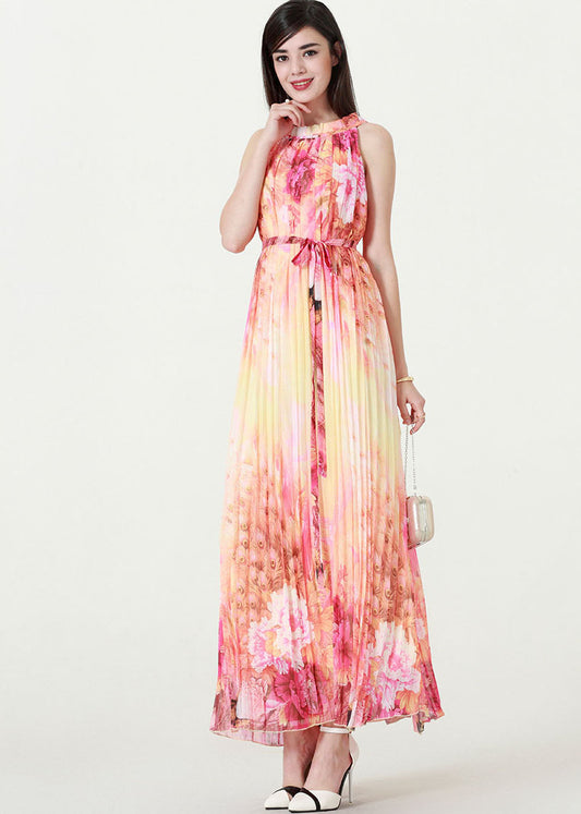 Gradient Color O-Neck Print Tie Waist Chiffon Maxi Beach Dresses Summer