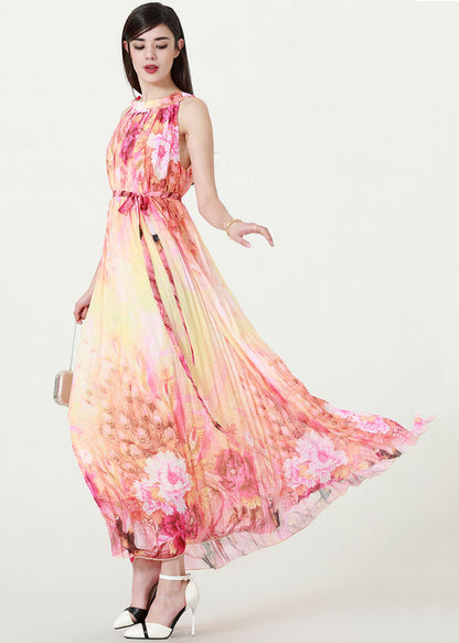 Gradient Color O-Neck Print Tie Waist Chiffon Maxi Beach Dresses Summer