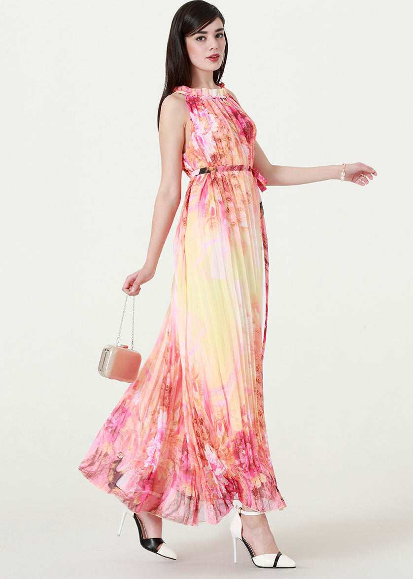 Gradient Color O-Neck Print Tie Waist Chiffon Maxi Beach Dresses Summer