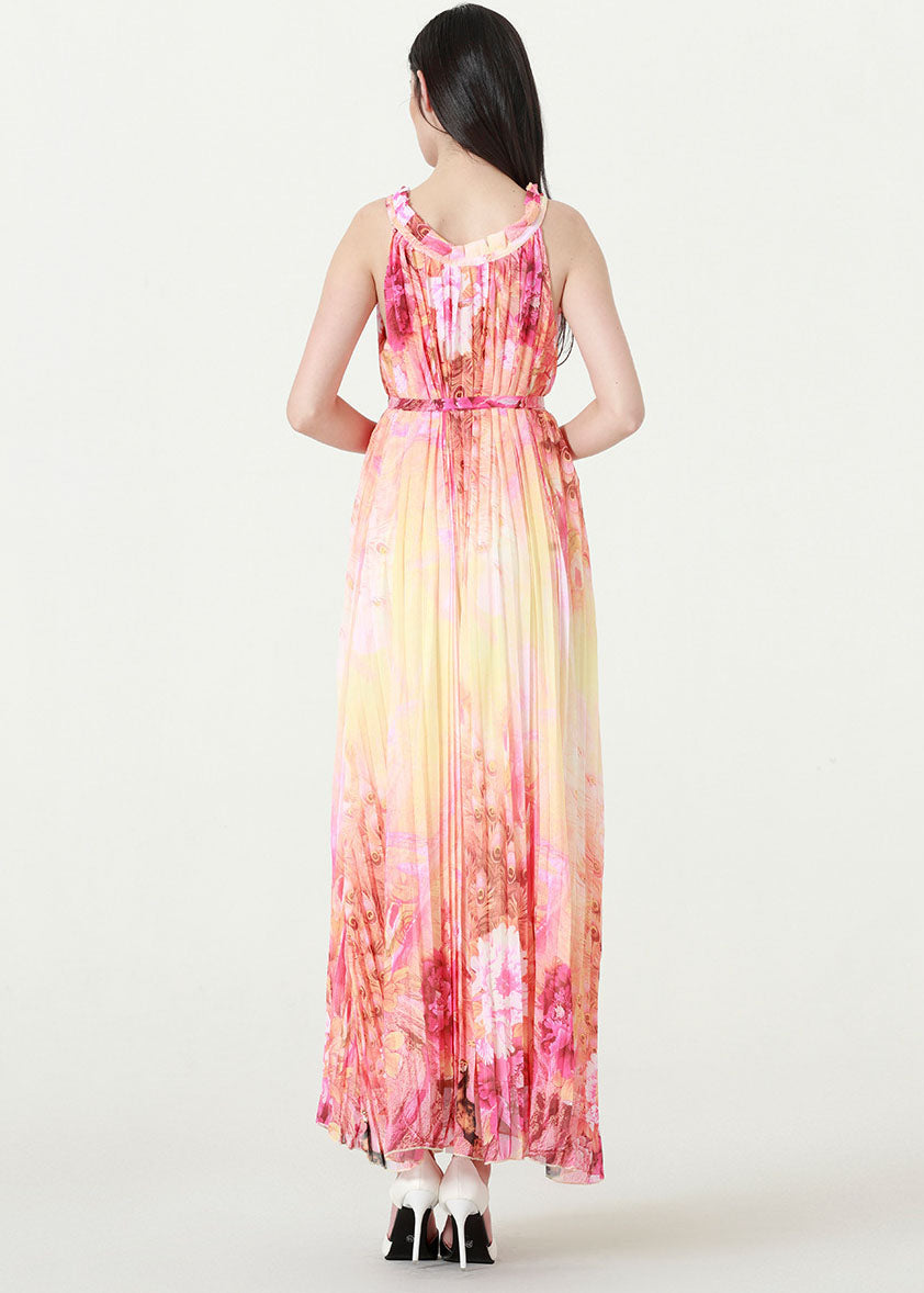 Gradient Color O-Neck Print Tie Waist Chiffon Maxi Beach Dresses Summer