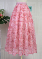 Gradient Color Pink Rose Embroideried Floral High Waist Tulle Maxi Skirt Spring