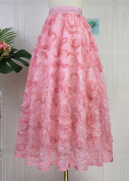 Gradient Color Pink Rose Embroideried Floral High Waist Tulle Maxi Skirt Spring