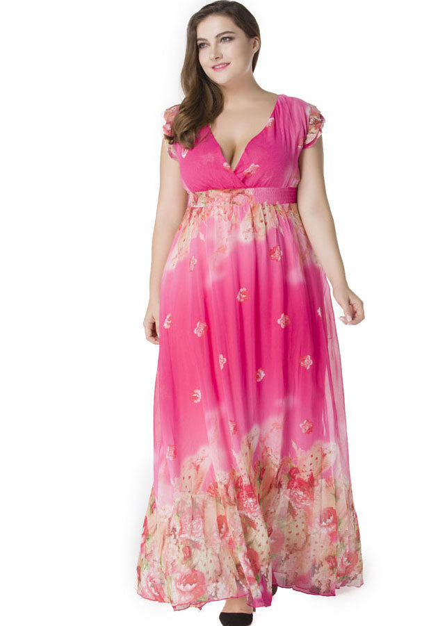 Gradient Color Pink V Neck Print Tunic Chiffon Long Dress Summer