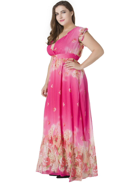 Gradient Color Pink V Neck Print Tunic Chiffon Long Dress Summer