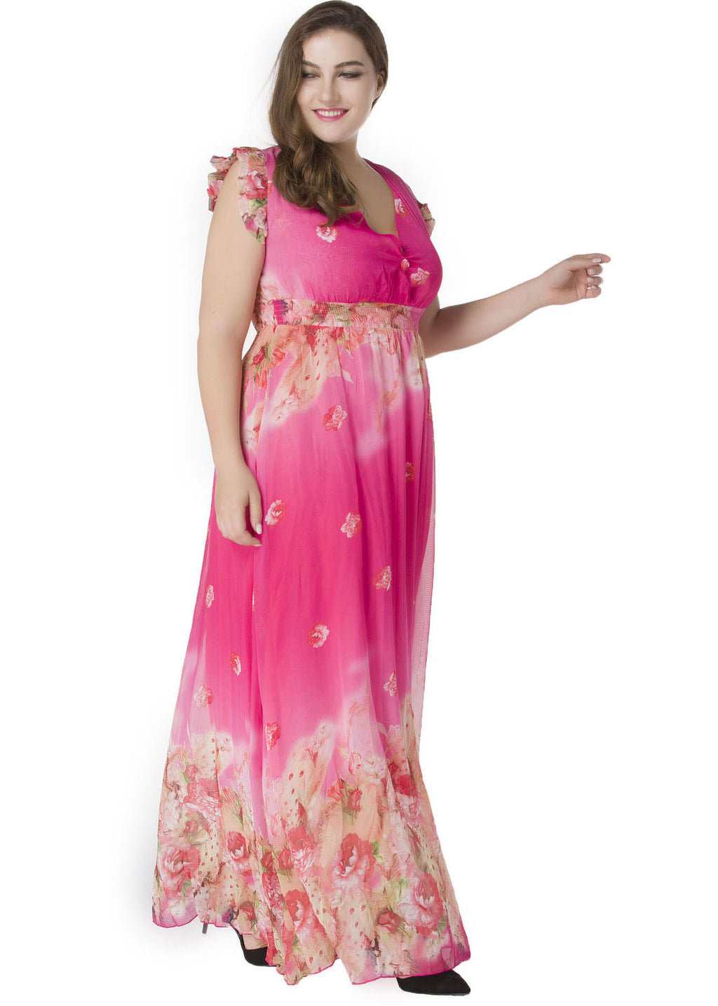 Gradient Color Pink V Neck Print Tunic Chiffon Long Dress Summer