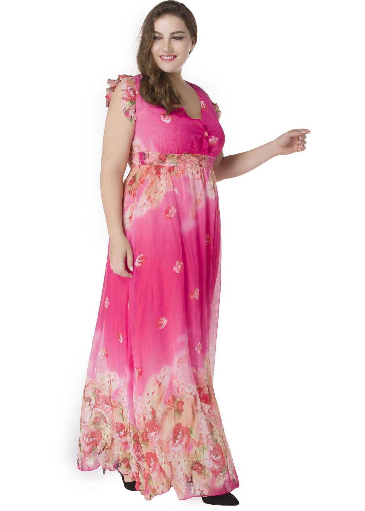Gradient Color Pink V Neck Print Tunic Chiffon Long Dress Summer