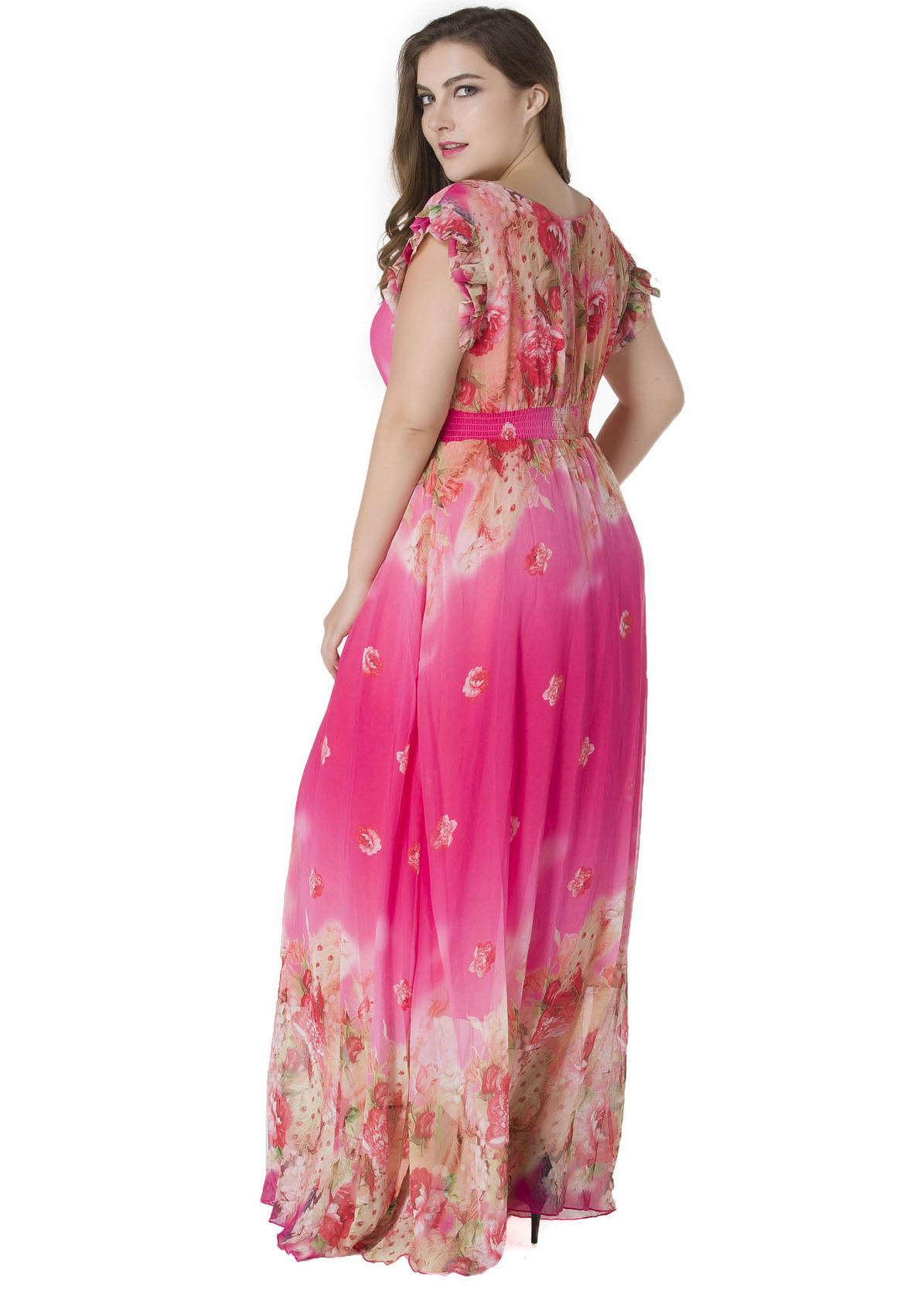 Gradient Color Pink V Neck Print Tunic Chiffon Long Dress Summer